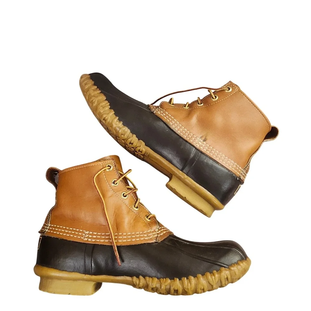 Vintage LL Bean Maine Hunting Shoe Duck Boots Tan Brown Leather Ankle Mens 7 USA